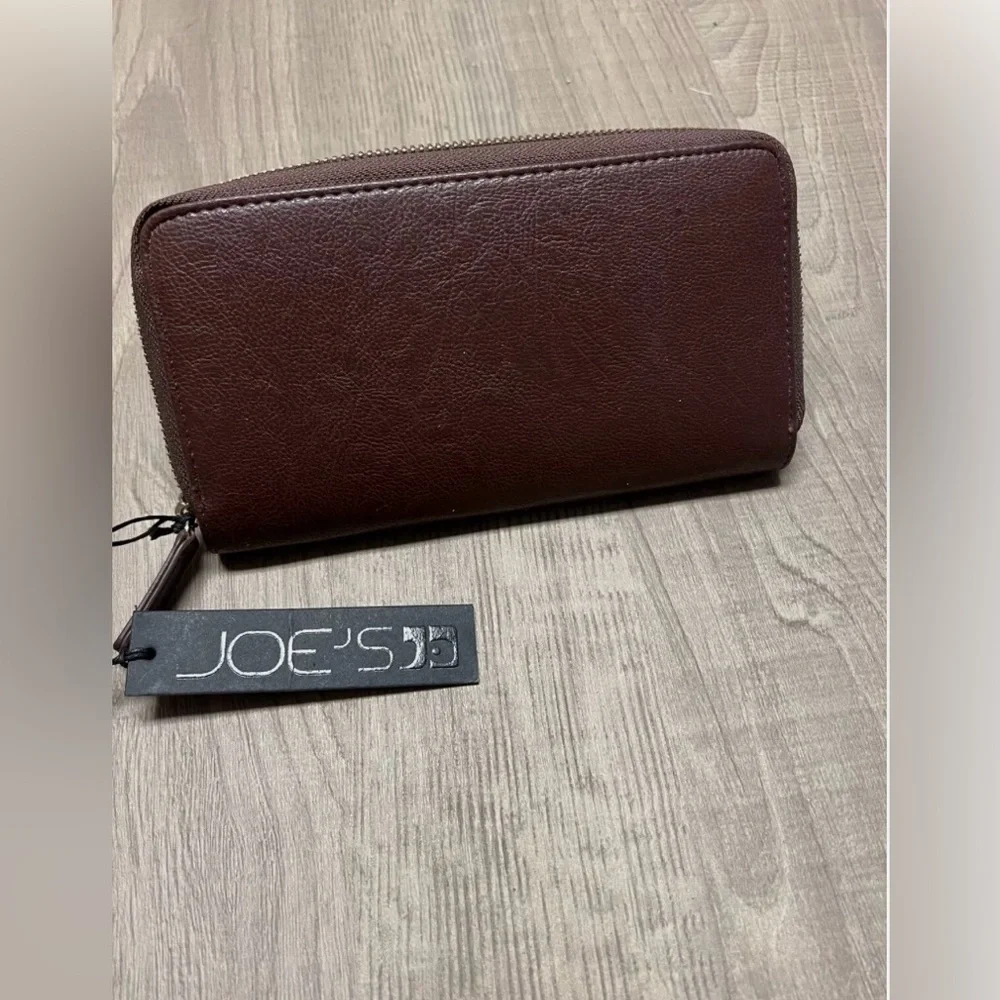 JOE'S Jeans Brown Embossed Logo Leather Zip Around ‎ Long Wallet  Clutch
